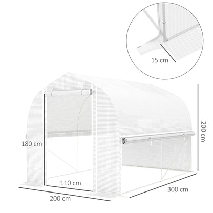 Outsunny 3 x 2 x 2 m tunnelkas met oprolbare zijwanden, UV-bestendige kunststof afdekking en stalen frame, wit