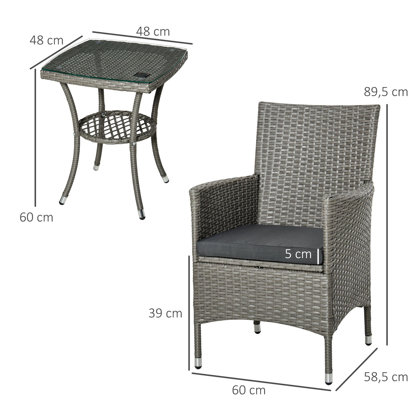 Outsunny Gartenmöbel-Set aus Polyrattan, 3-teiliges Sitzset für 2 Personen, bestehend aus 2 Stühlen, Tisch, Sitzkissen und Gartenliege für Garten, Terrasse und Balkon, Grau