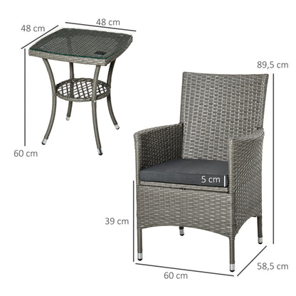 Outsunny Gartenmöbel-Set aus Polyrattan, 3-teiliges Sitzset für 2 Personen, bestehend aus 2 Stühlen, Tisch, Sitzkissen und Gartenliege für Garten, Terrasse und Balkon, Grau