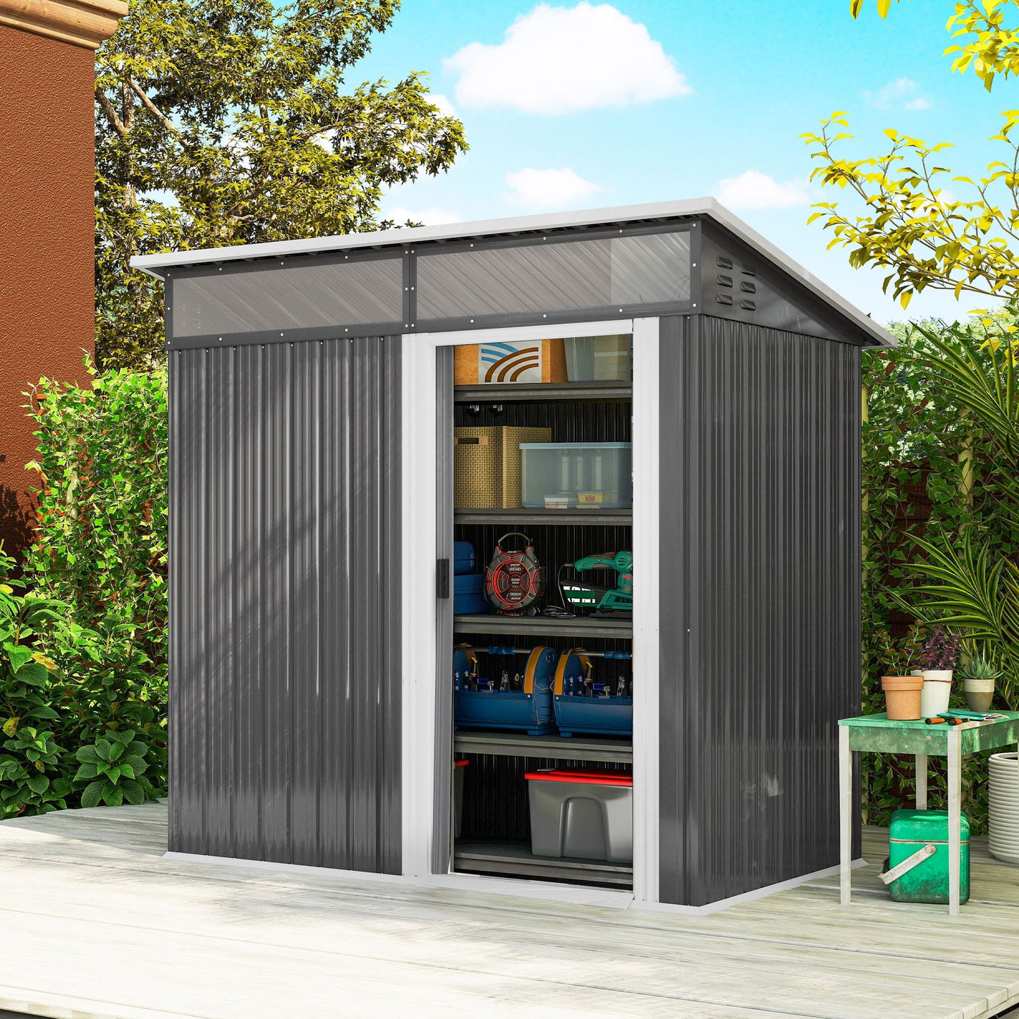 Outsunny tuinhuis, gereedschapsschuur met ramen, ventilatieopeningen, schuifdeur, waterdicht staal, weerbestendig, donkergrijs