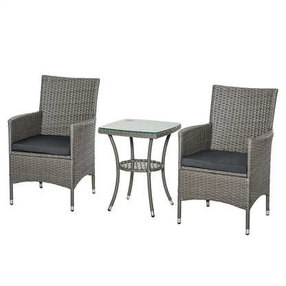 Outsunny Gartenmöbel-Set aus Polyrattan, 3-teiliges Sitzset für 2 Personen, bestehend aus 2 Stühlen, Tisch, Sitzkissen und Gartenliege für Garten, Terrasse und Balkon, Grau