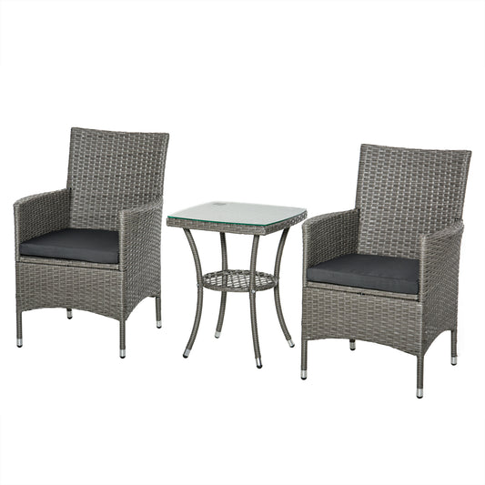 Outsunny Gartenmöbel-Set aus Polyrattan, 3-teiliges Sitzset für 2 Personen, bestehend aus 2 Stühlen, Tisch, Sitzkissen und Gartenliege für Garten, Terrasse und Balkon, Grau