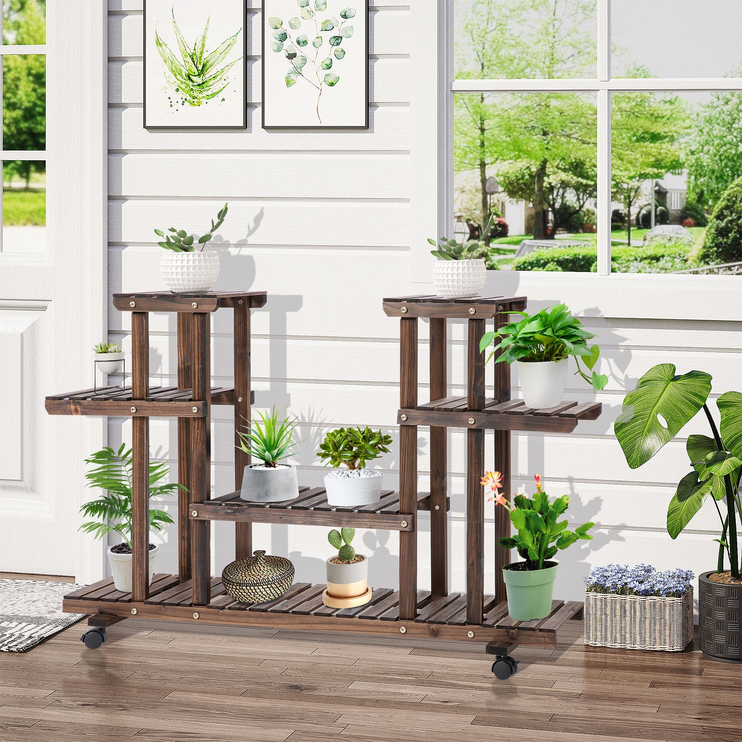 Outsunny plantenstandaard met 6 planken en 4 wielen, 123,5 cm × 33 cm × 80 cm, massief hout, bruin