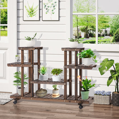 Outsunny plantenstandaard met 6 planken en 4 wielen, 123,5 cm × 33 cm × 80 cm, massief hout, bruin