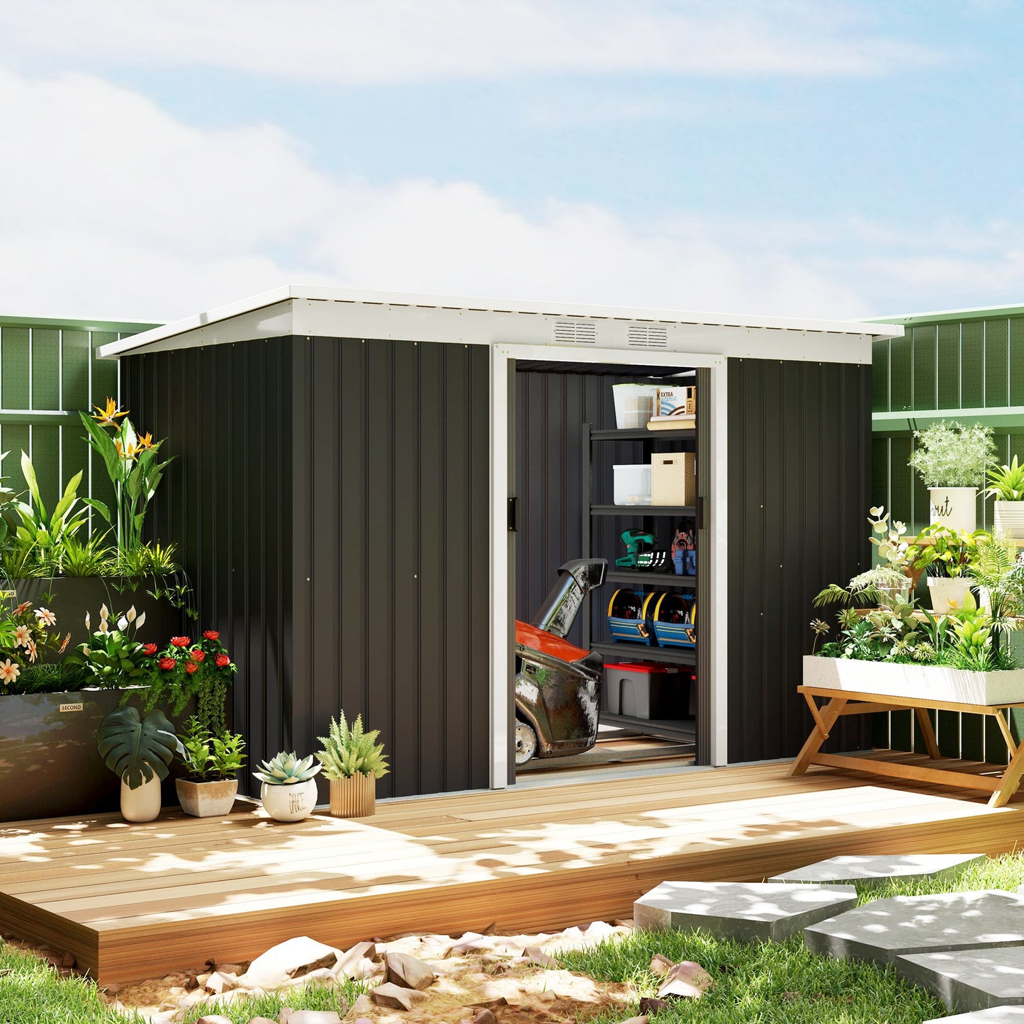 Outsunny Gartenhaus, Geräteschuppen mit Schiebetür, Lüftungsfenster und Pultdach, für den Außenbereich, Stahl, dunkelgrau, 280 x 130 x 172 cm