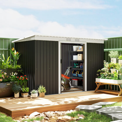 Outsunny Gartenhaus, Geräteschuppen mit Schiebetür, Lüftungsfenster und Pultdach, für den Außenbereich, Stahl, dunkelgrau, 280 x 130 x 172 cm