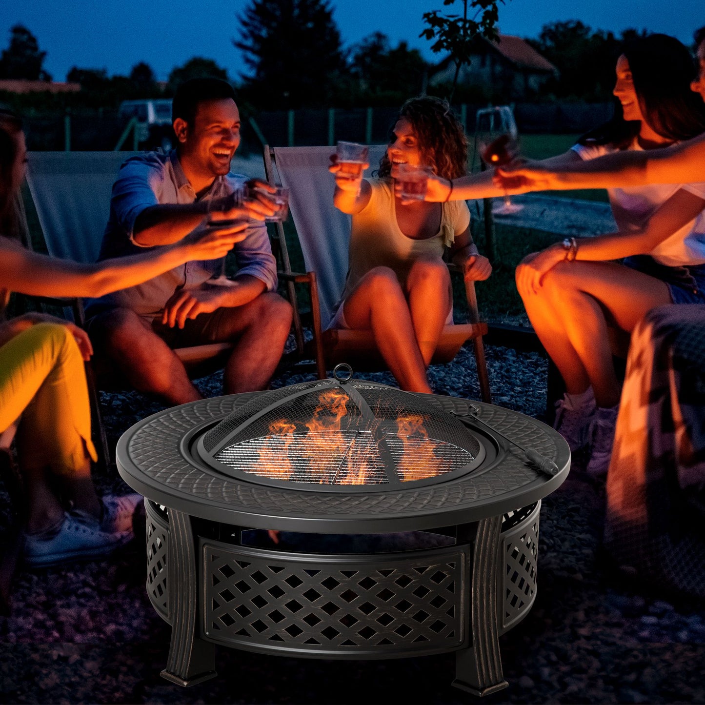 Outsunny Feuerschale mit Schürhaken, Funkenschutzgitter, Feuerkorb, runder Feuertisch, Feuerkorb für Garten, Camping, Grillen, Stahl, schwarz, 81 x 81 x 50 cm