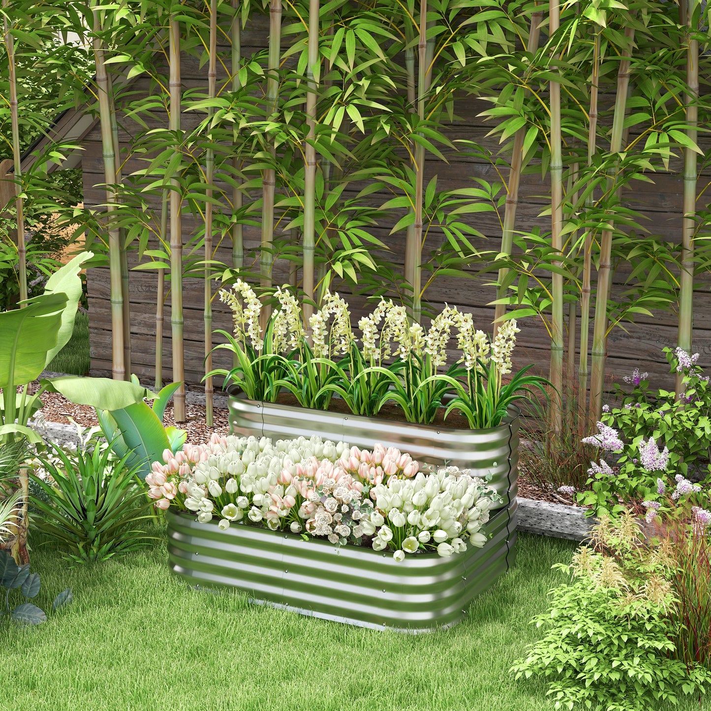 Outsunny metalen verhoogde tuinbak, 2 niveaus, weerbestendig, open onderkant, 120 x 90 x 30 cm, kleur: zilver