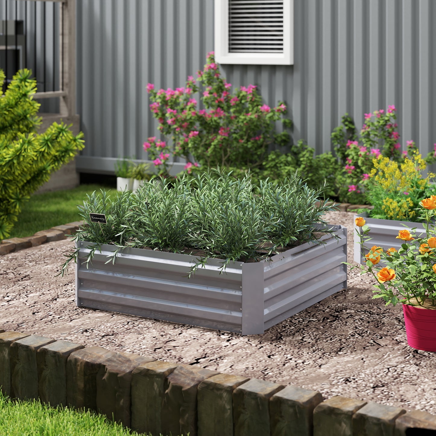 Outsunny plantenbak, set van 2, bloembak, open bodem, stalen frame, grijs, (2 x) 100 x 100 x 30 cm