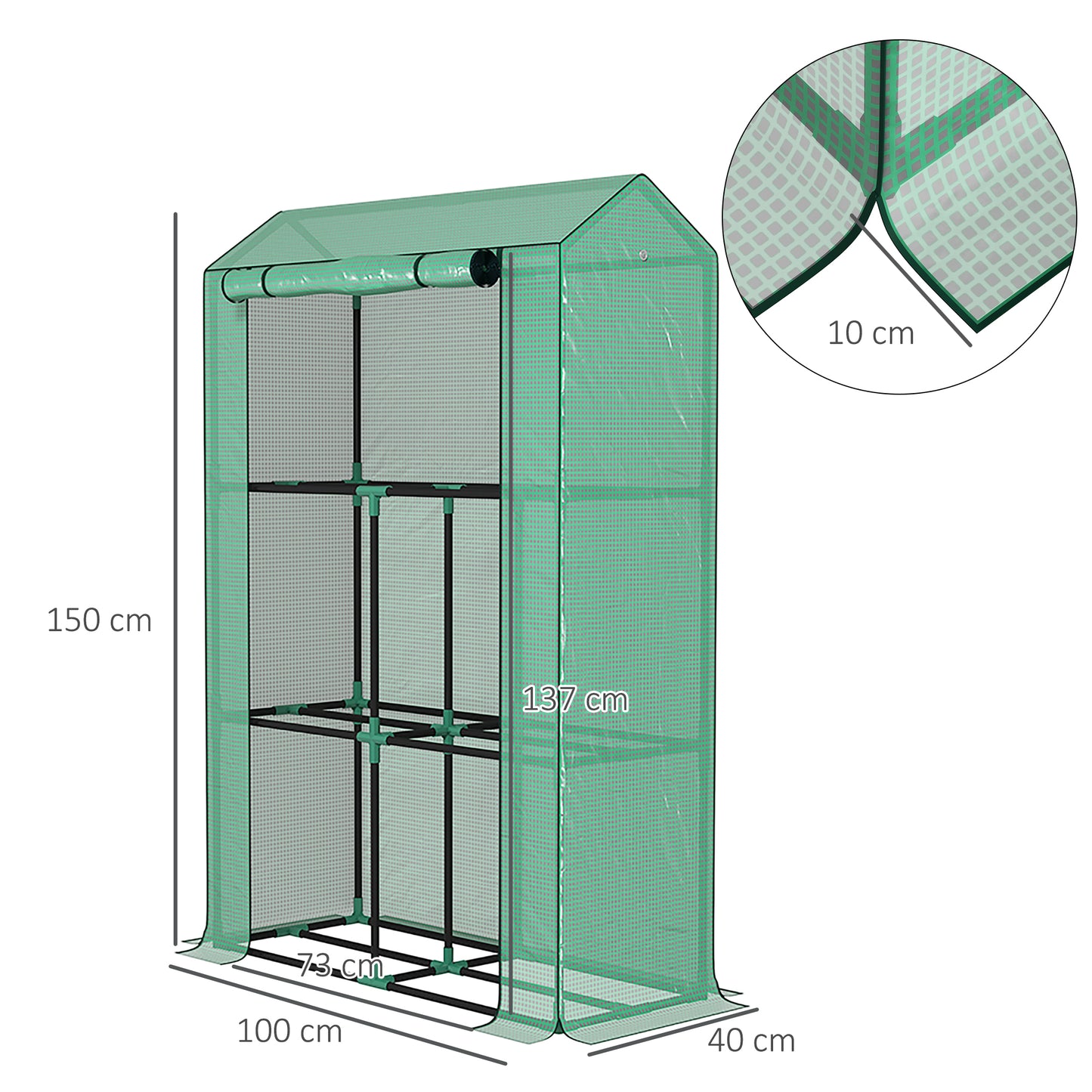 Outsunny kas met 3-laags plank, UV-bestendige kunststof afdekking, roldeur, 100 x 40 x 150 cm, groen