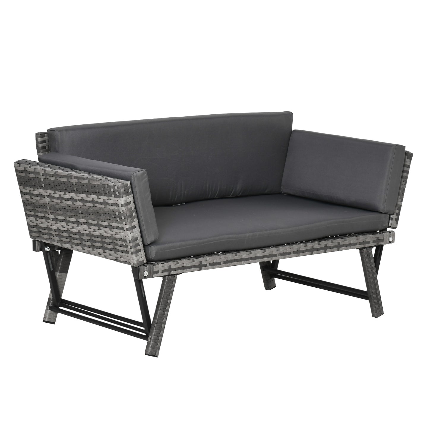 Outsunny Polyrattan-Gartenbank, 2-Sitzer, Gartenmöbel, Lounge-Bank, Gartenliege mit klappbaren Armlehnen, Stahlgrau, 129 x 63 x 67 cm