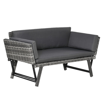 Outsunny Polyrattan-Gartenbank, 2-Sitzer, Gartenmöbel, Lounge-Bank, Gartenliege mit klappbaren Armlehnen, Stahlgrau, 129 x 63 x 67 cm
