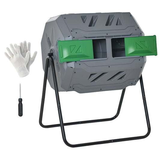 Outsunny compost bin with 2 compartments, 160 litre capacity, rotatable, 71 cm x 65 cm x 96 cm, grey + green + black