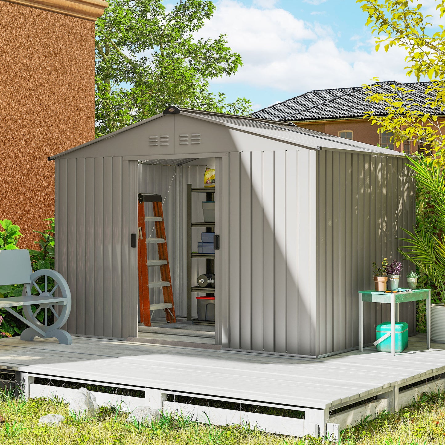 Outsunny Metall-Gartenhaus mit Schiebetüren und Lüftungsfenstern, 277 x 195 x 192 cm, grau
