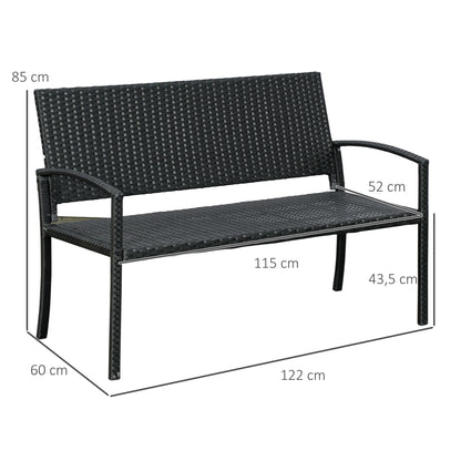 Outsunny Gartenbank, Rattanoptik, mit Stahlgestell, für 2 Personen, schwarz, 122 x 60 x 85 cm