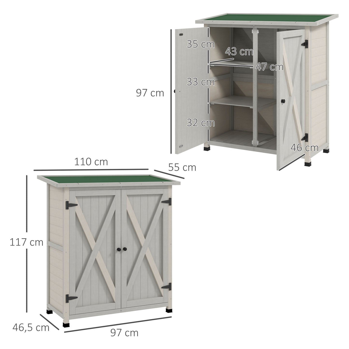 Outsunny Gartenhaus aus Holz mit 2 Türen, Asphalt-Dach, 110 x 55 x 117 cm, hellgrau