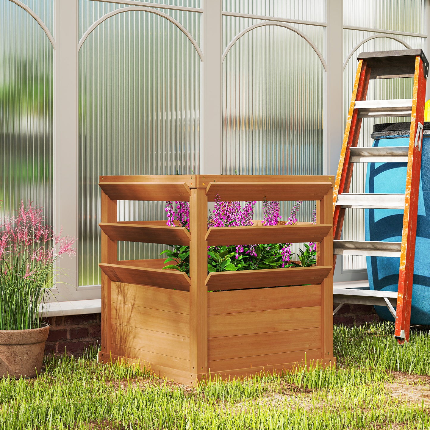 Outsunny Verhoogde Bedbak met Trellis, Espalier Planter Bloembak Hout 65 x 65 x 60 cm Karamelbruin