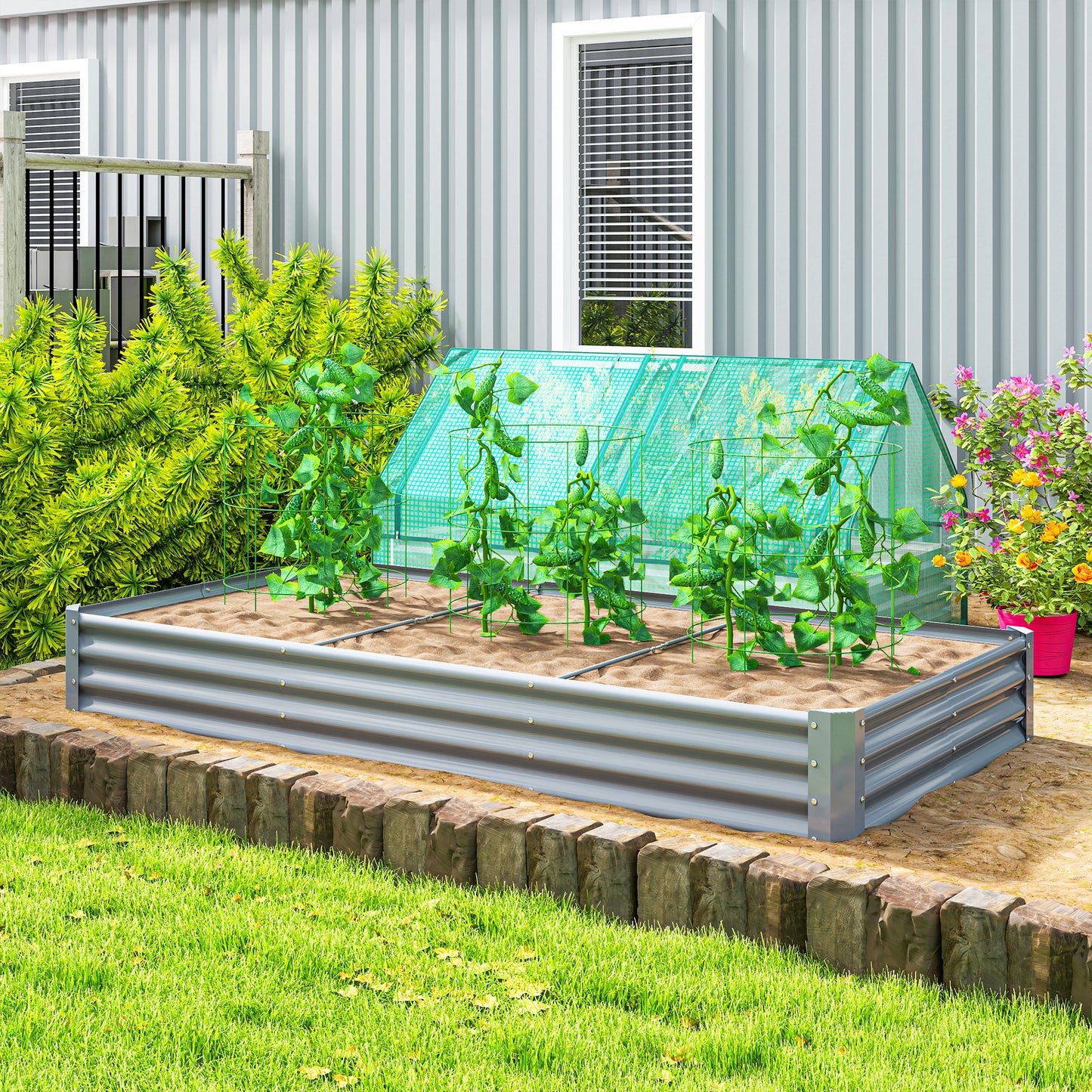 Outsunny stalen verhoogde tuinbak, weerbestendig plantbed met snijvaste rand, koude bak