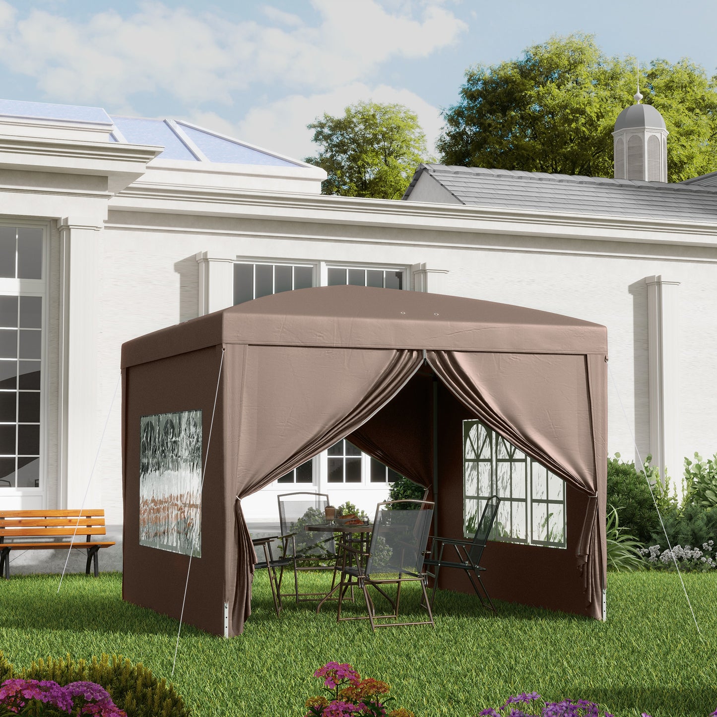 Outsunny 3 x 3 m Pavillon mit 4 Seitenwänden, Fenster, Zelt mit UV-Schutz, Gartenzelt inklusive Tragetasche, Stahl, Kaffee