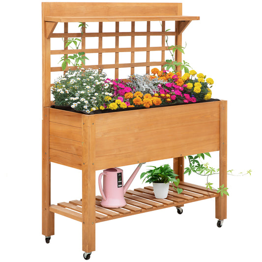 Erhöhter Pflanztisch von Outsunny für Garten, Blumentisch, Arbeitstisch, Gartentisch, Gewächshaustisch, Pflanztisch aus Holz für Garten und Balkon, 105 x 40 x 135 cm, Tanne, Vliesstoff, braun