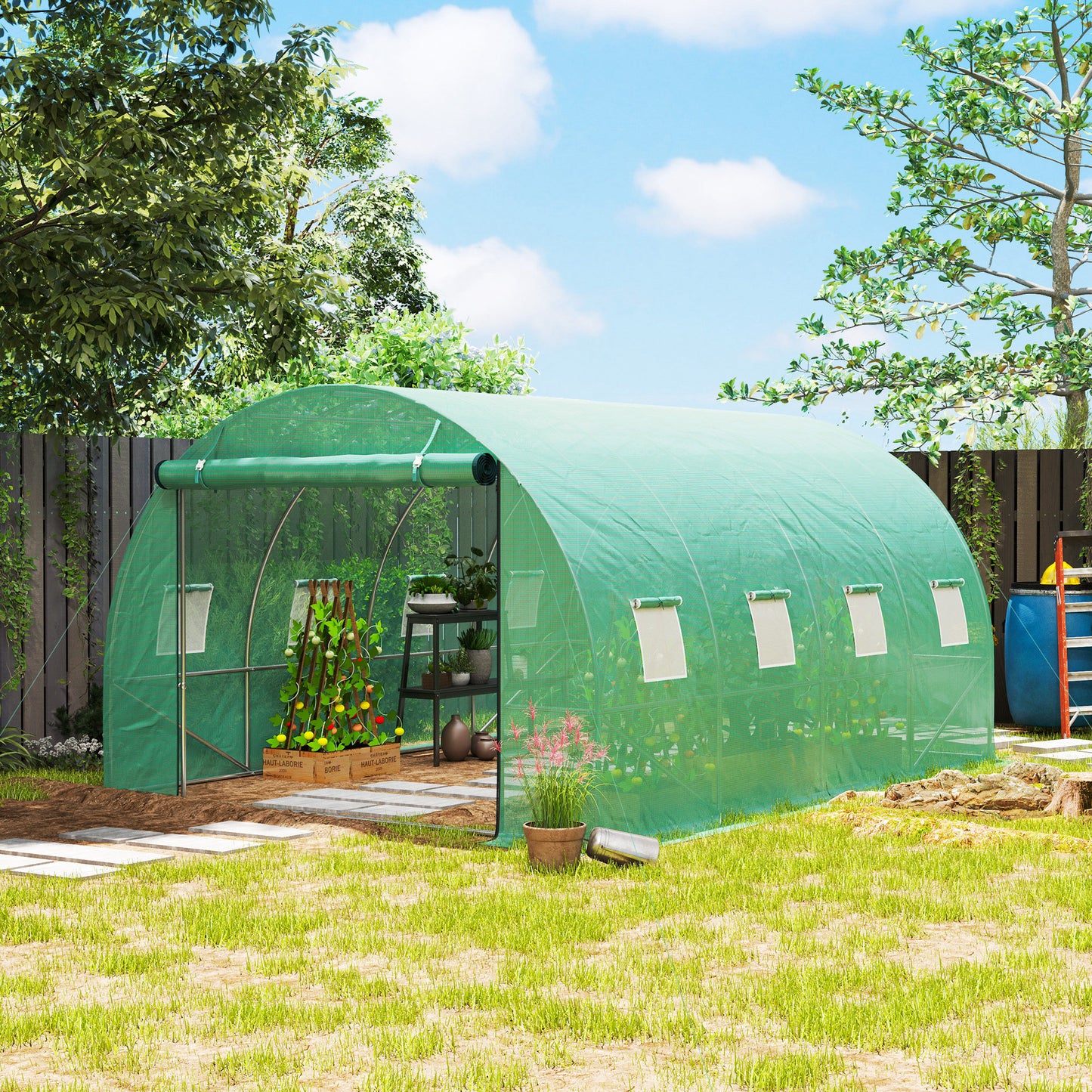 Outsunny Polytunnelkas met kunststof afdekking en stalen frame, inloopkastent met roldeuren, groen