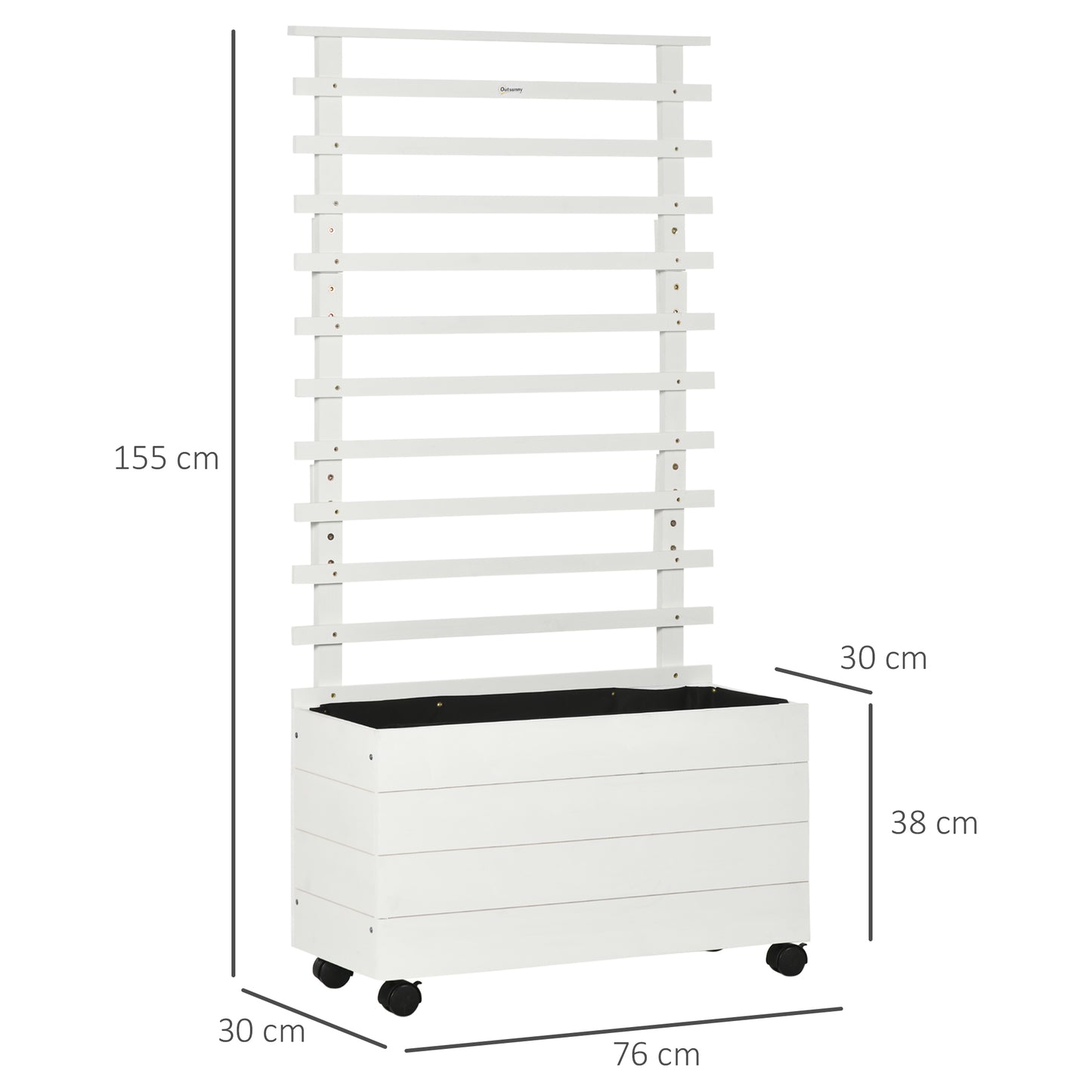 Outsunny plantenbak met trellis, 4 wielen, natuurlijk hout, weerbestendige afwerking, wit, 76 x 30 x 155 cm