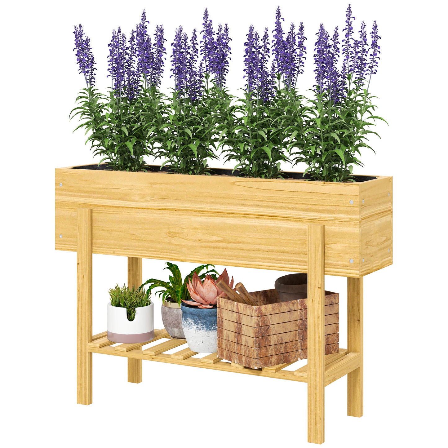 Outsunny bloembak met onderplank, houten plantenbak met fleecevoering en drainagegaten, 100 x 30 x 70,5 cm, natuurlijk hout