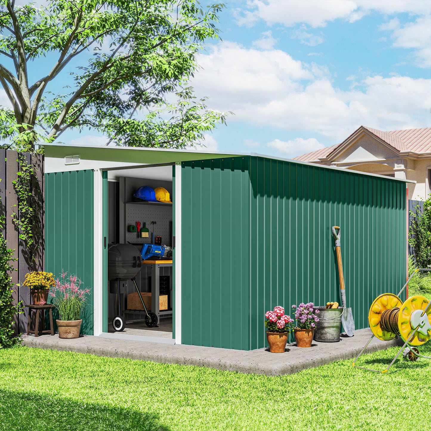 Outsunny metal garden shed, sloping roof, lockable double door, 2.8 x 3.45 x 2.01 m, green