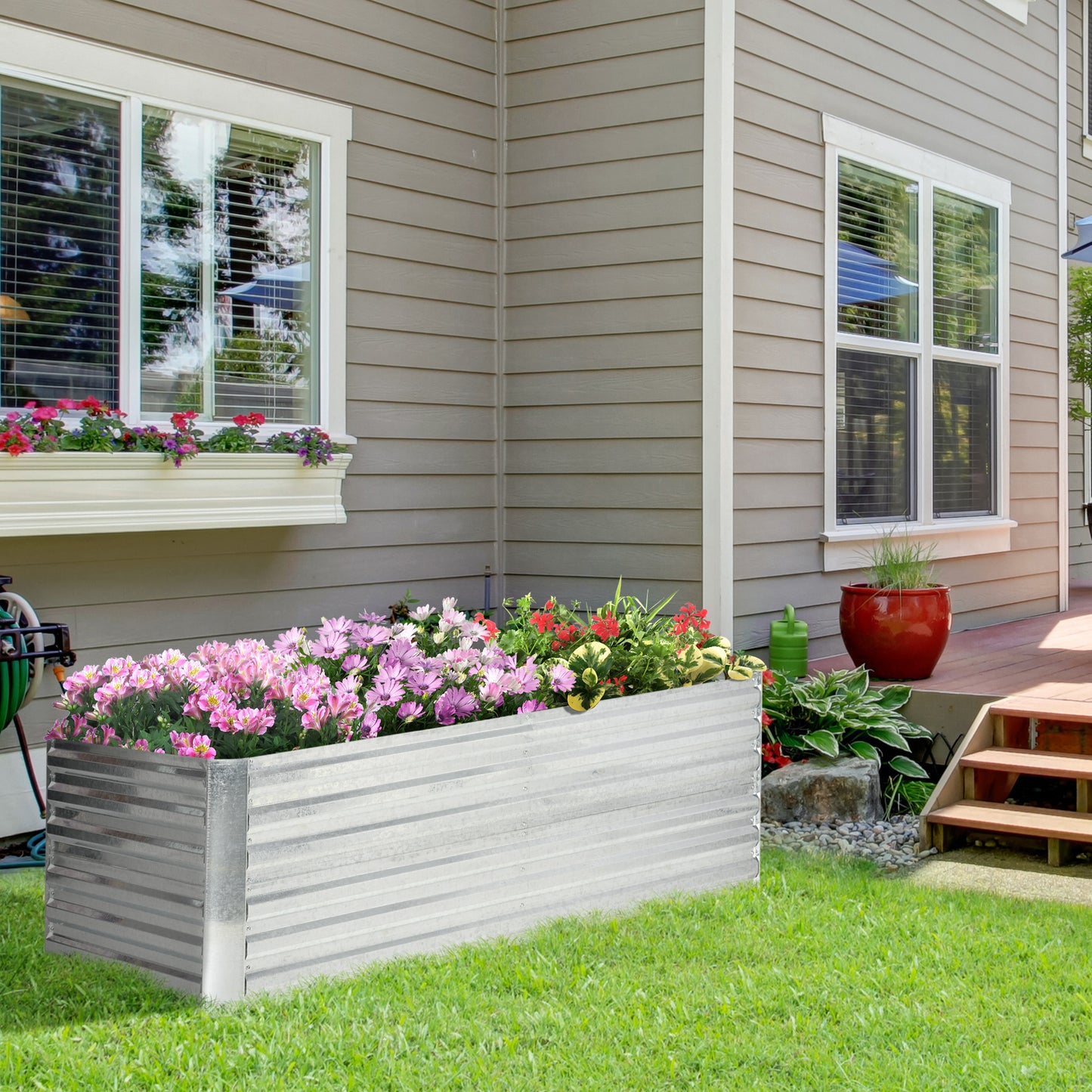 Outsunny plantenbak, handige bloembak voor het planten, verzorgen en verzorgen van planten, verhoogd bed, staal, zilver