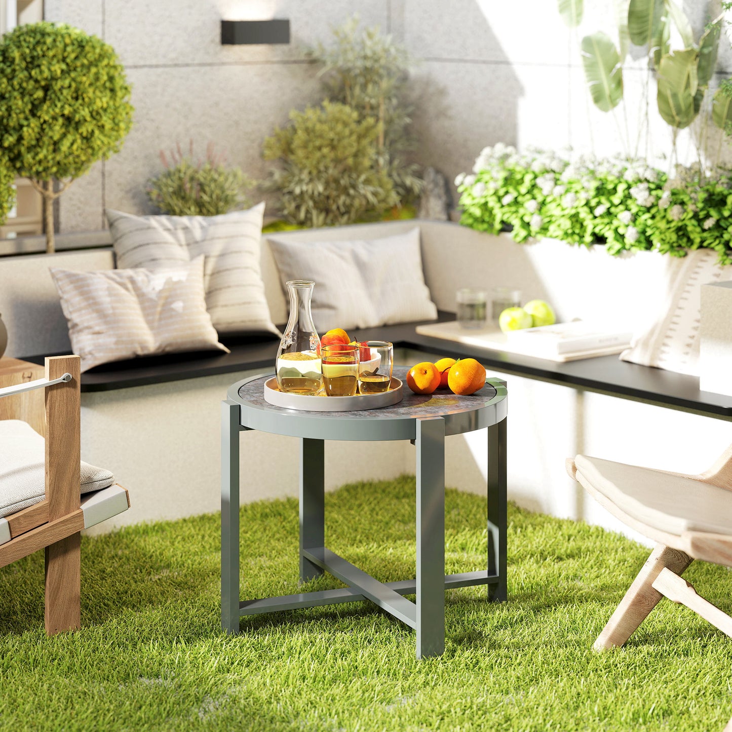 Outsunny Bijzettafel Tuintafel Rond Weerbestendig Aluminium Balkontafel met Marmerlook Grijs