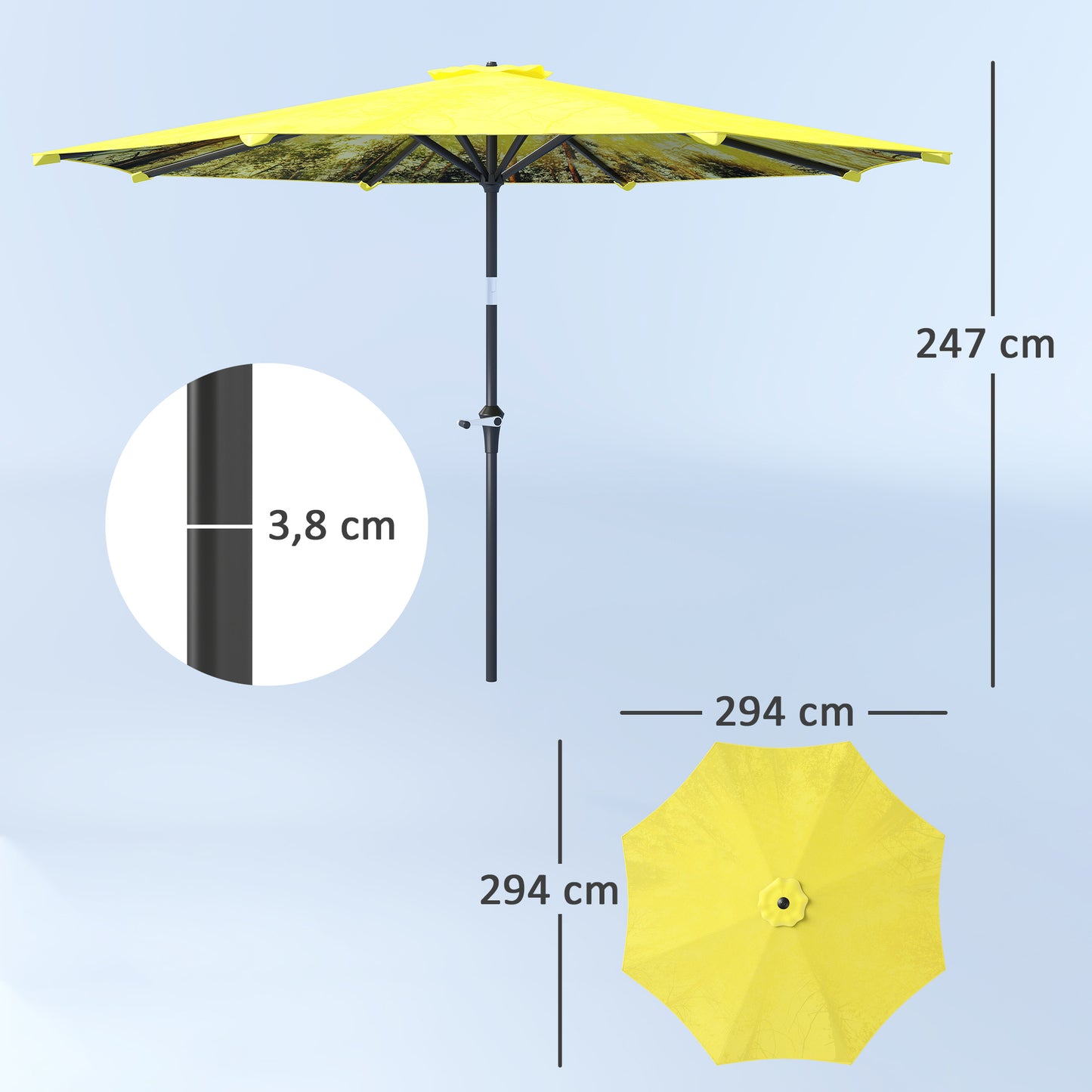 Outsunny Sonnenschirm Ø 300 cm, Sonnenschirm mit Handkurbel, achteckiger Balkonschirm, gelb