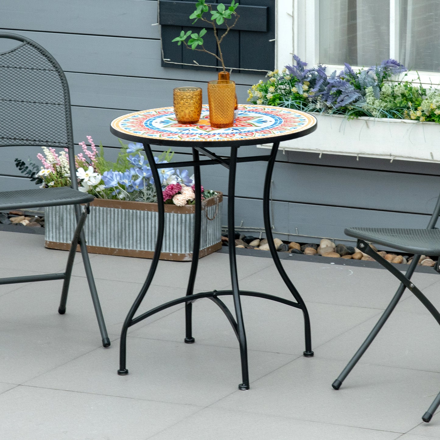 Outsunny Gartentisch Ø 60 cm, wetterfester Metall-Balkontisch, Esstisch für den Außenbereich, Campingtisch, Beistelltisch, runder Terrassentisch für Garten, Terrasse und Balkon, Rot+Blau+Weiß