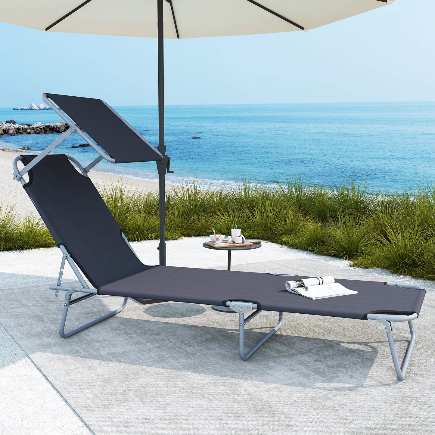 Outsunny Opvouwbare ligstoel, Tuinligstoel met zonnescherm, Wellnessligstoel met 4-standen verstelbare rugleuning, Strandligstoel, Draagt ??tot 120 kg, Geschikt voor tuin, balkon en zwembad, 6 kleuren (grijs)