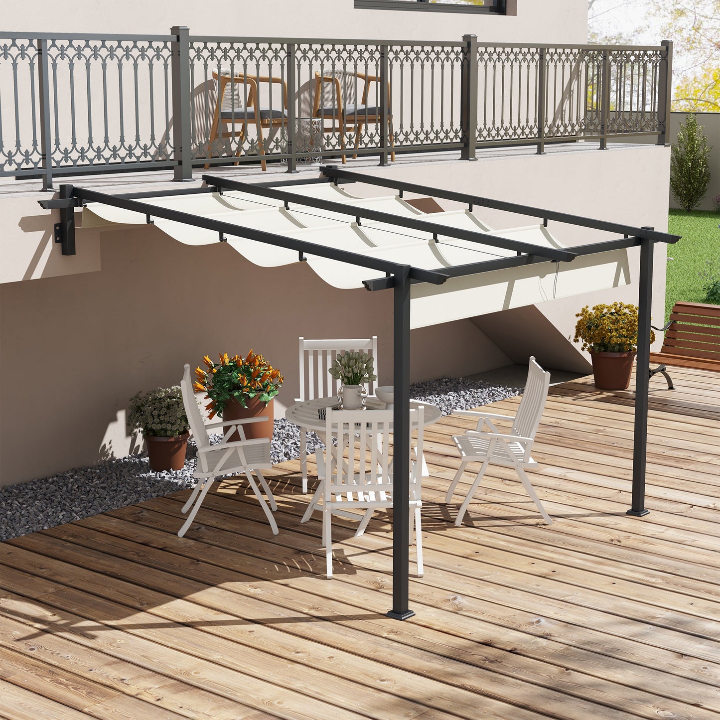 Outsunny tuinpaviljoen 3 x 3m, uitschuifbaar dak, wandmontage, metalen frame, crèmewit