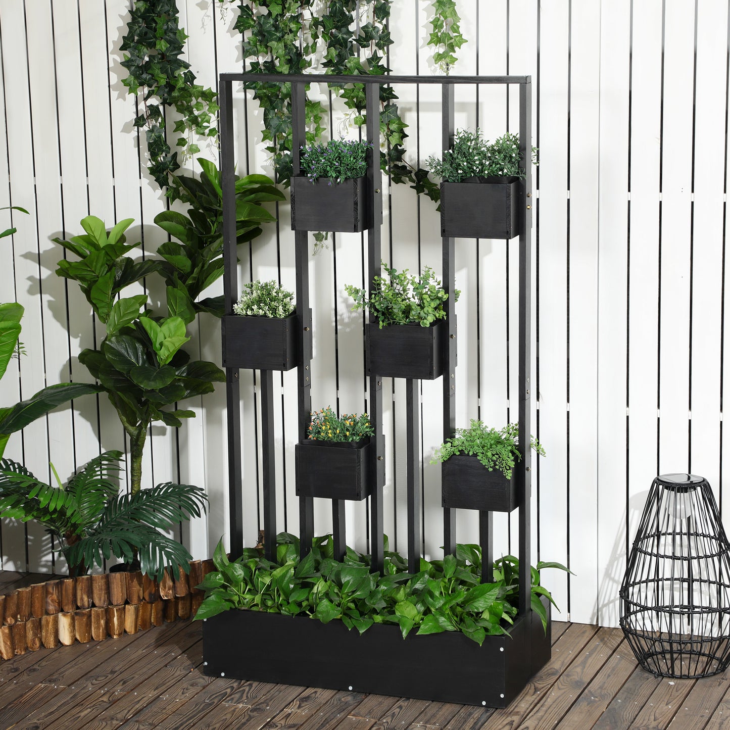 Outsunny plantenbakcombinatie, modulair ontwerp, staand frame, natuurlijk hout, zwart, 90 x 45 x 170 cm