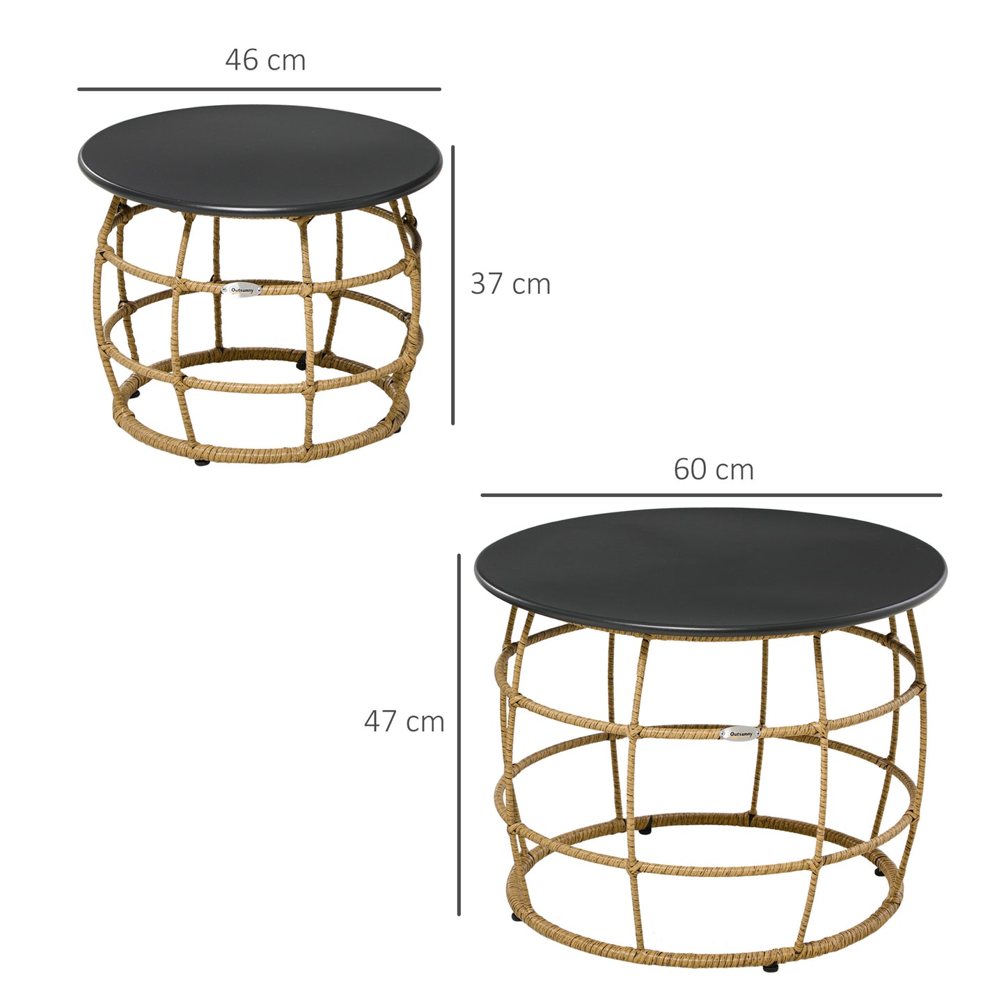 Outsunny 2-delige set tuintafels in boho-stijl, weerbestendig, stapelbaar, 60 cm x 60 cm x 47 cm, naturel + donkergrijs