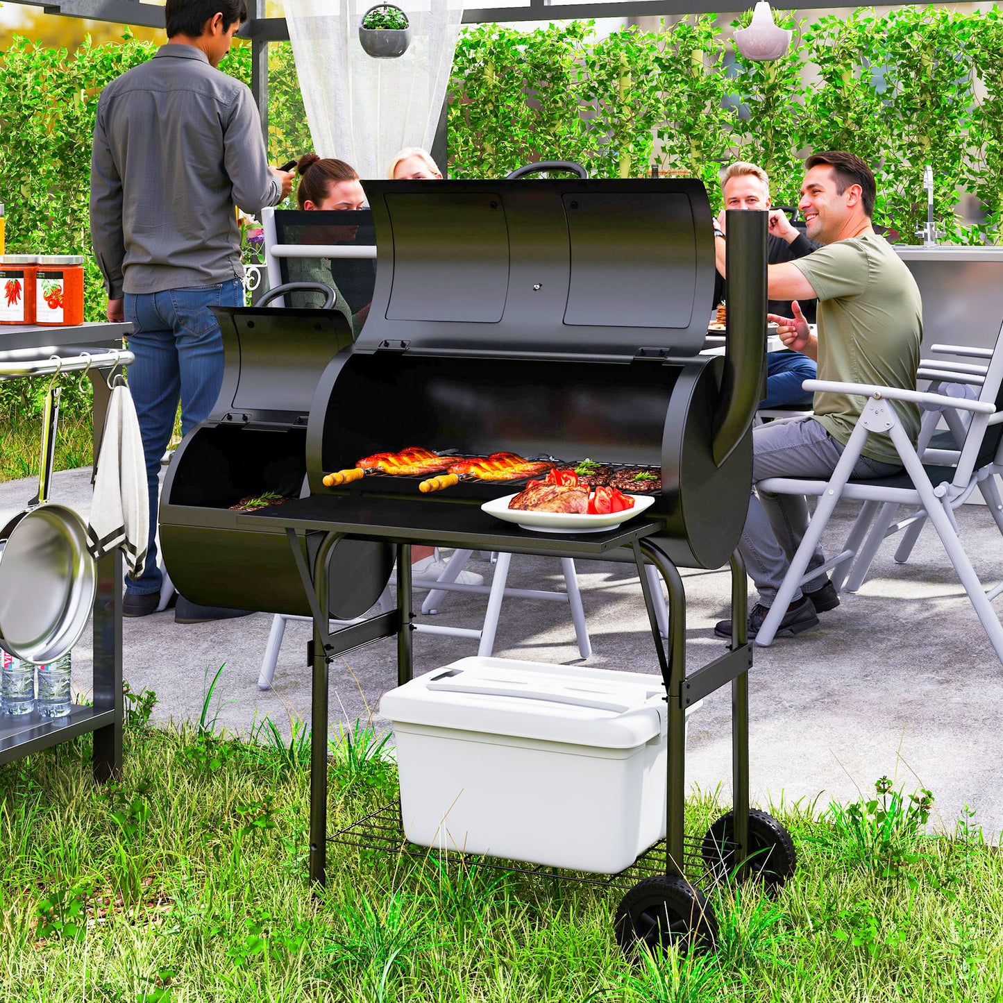 Outsunny Stahl-Holzkohlegrill/Smoker mit Deckel, Thermometer, Rädern, Lufteinlass und Holzkohleschale