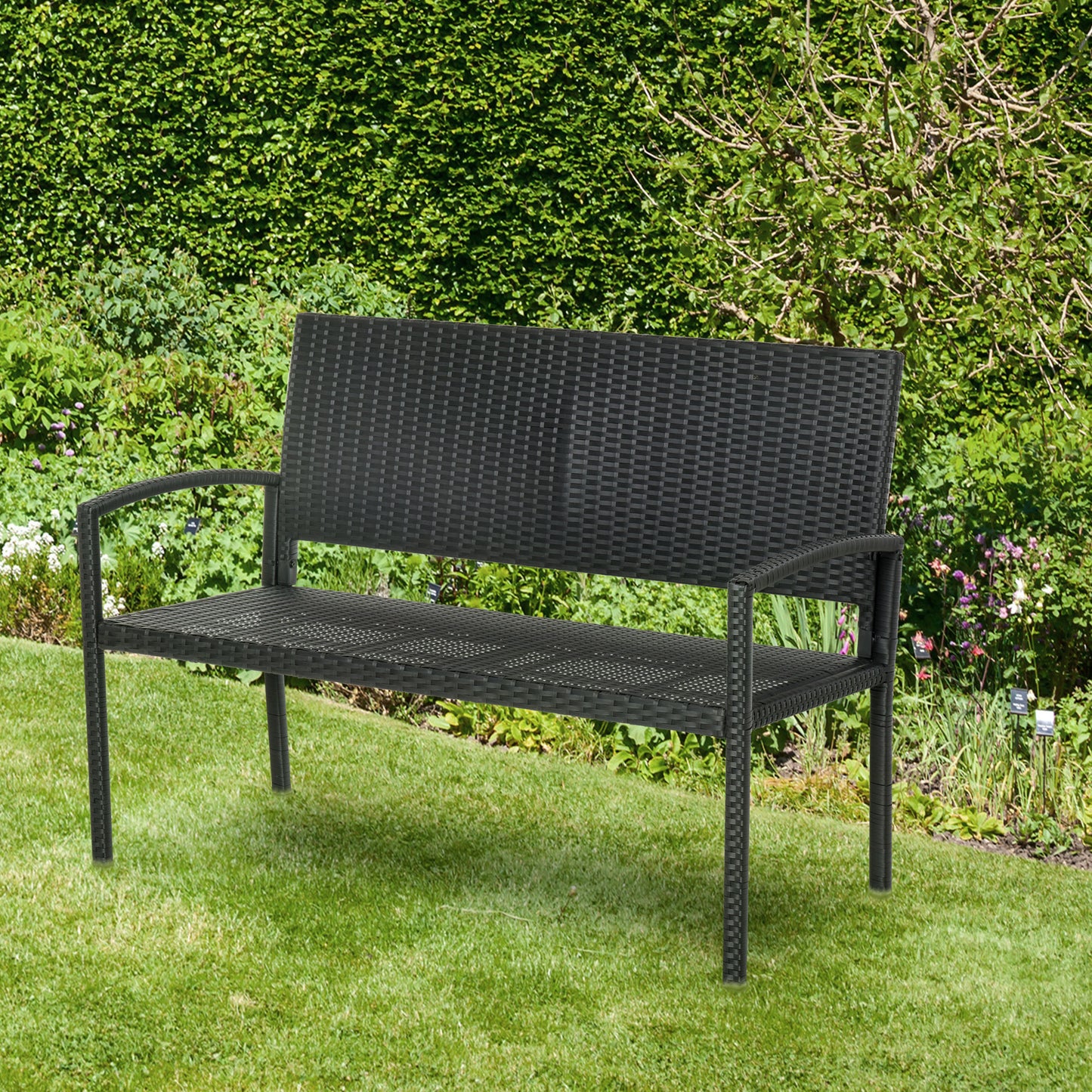 Outsunny Gartenbank, Rattanoptik, mit Stahlgestell, für 2 Personen, schwarz, 122 x 60 x 85 cm