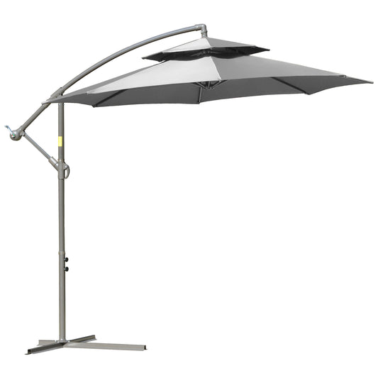 Outsunny Sonnenschirm, drehbar, Ø 2,67 x 2,45 m, mit doppeltem Schirmdach, Kreuzfuß, Stahl, Sonnenschutz für den Außenbereich, Polyester, Stahl, Hellgrau