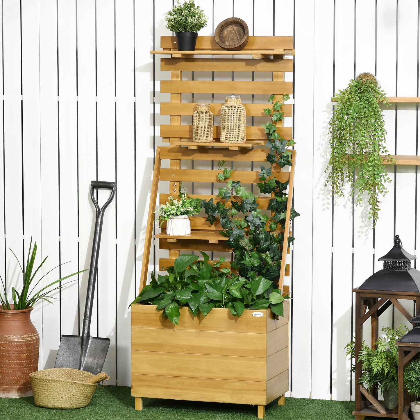 Outsunny verhoogd tuinbed met 3 lades, inclusief trellis, weerbestendig, massief hout, 63 cm x 39 cm x 160 cm, naturel