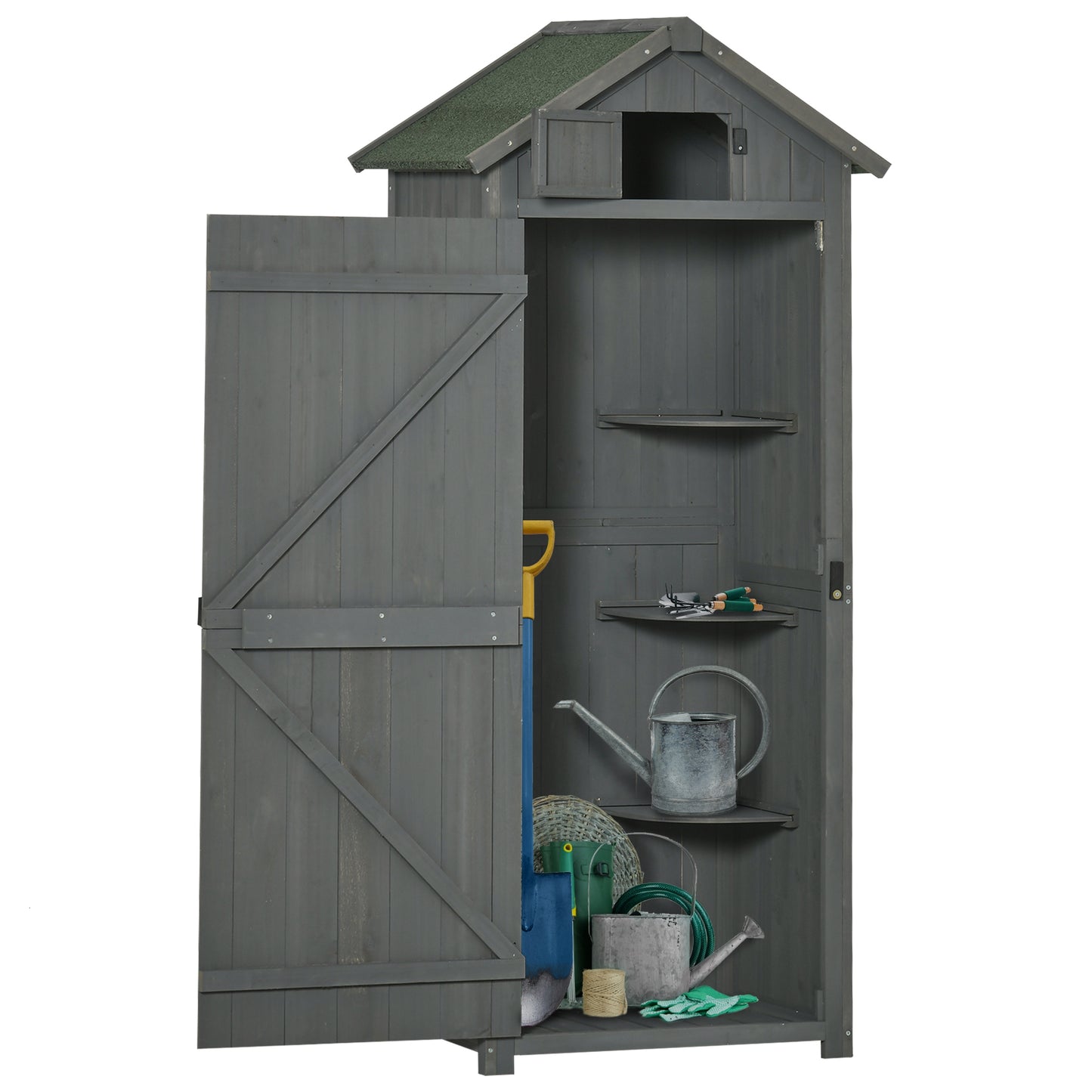 Outsunny houten tuinhuis, weerbestendige gereedschapsschuur 77x54,2x179cm, tuinhuis met deur, zadeldak, gereedschapskast met planken, tuinschuur voor tuin, terras, grijs + groen