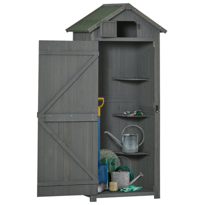 Outsunny houten tuinhuis, weerbestendige gereedschapsschuur 77x54,2x179cm, tuinhuis met deur, zadeldak, gereedschapskast met planken, tuinschuur voor tuin, terras, grijs + groen