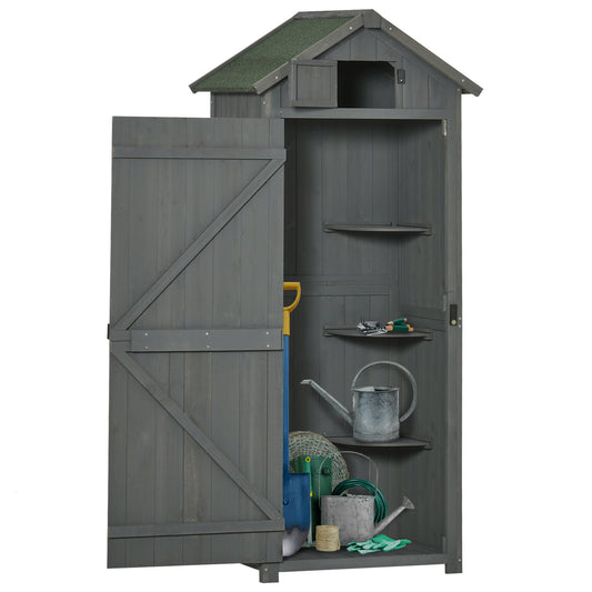 Outsunny Gartenhaus aus Holz, wetterfester Geräteschuppen 77 x 54,2 x 179 cm, Gartenhaus mit Tür, Satteldach, Geräteschrank mit Regalen, Gartenhaus für Garten und Terrasse, grau + grün