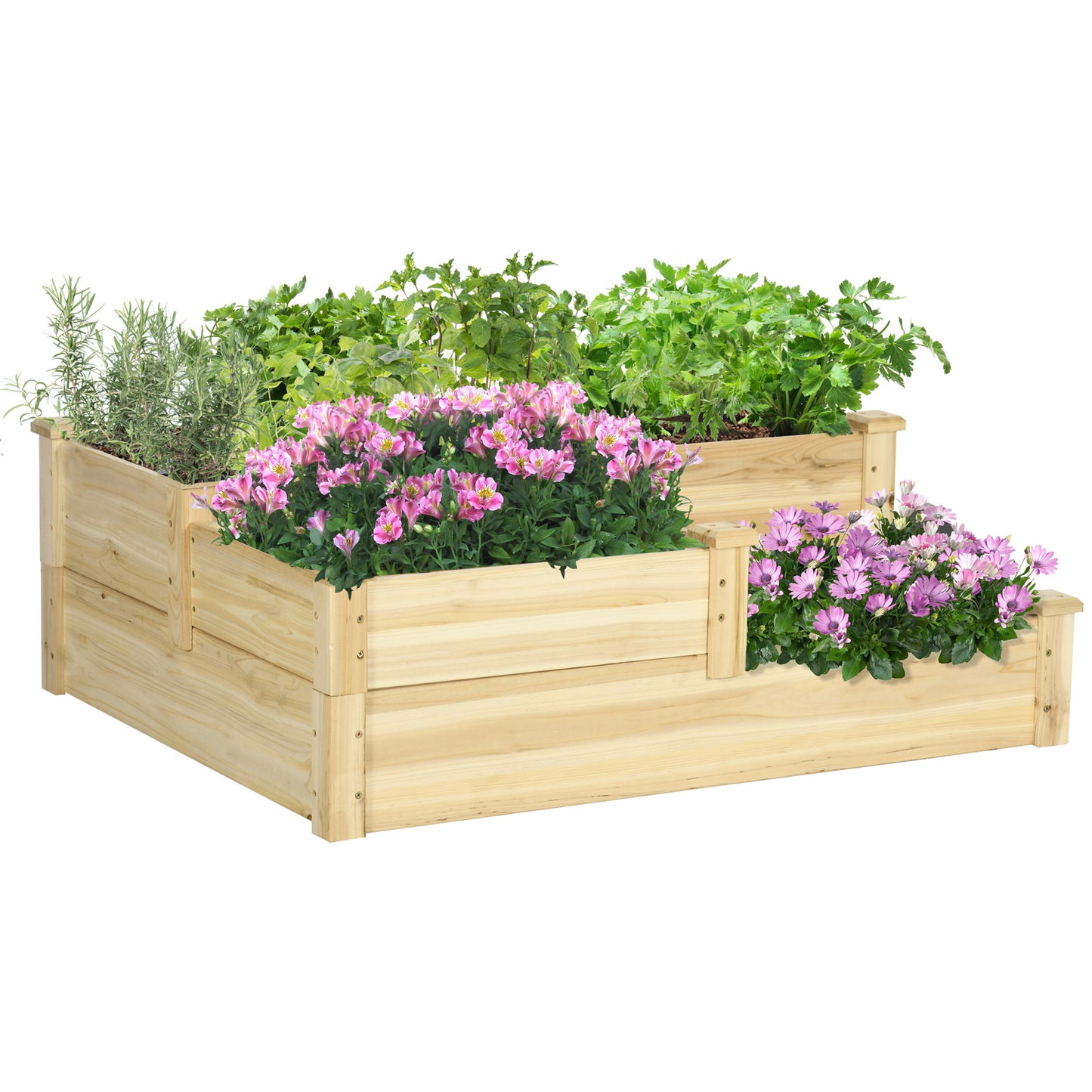 Verhoogde tuinbak van Outsunny met 3 plantenbakken, 3-laags ontwerp, open basis, 108 cm x 88 cm x 36 cm, natuurlijk