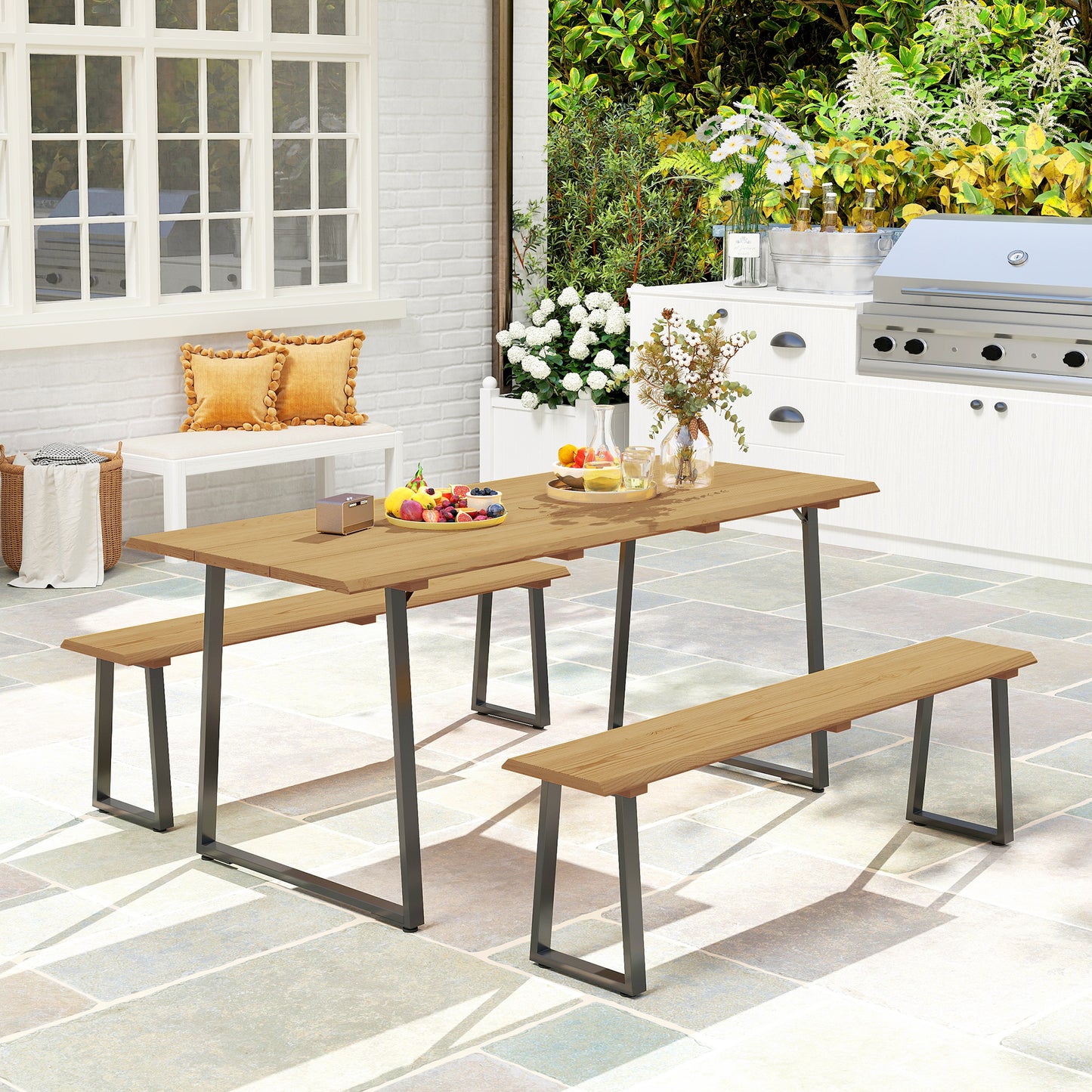 Outsunny 3-teilige Essgruppe aus Holz für 6 Personen, Esstisch mit 2 Bänken, Sonnenschirmloch, Holztisch 178 x 76 x 77 cm, Naturholz