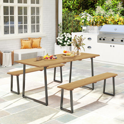 Outsunny 3-teilige Essgruppe aus Holz für 6 Personen, Esstisch mit 2 Bänken, Sonnenschirmloch, Holztisch 178 x 76 x 77 cm, Naturholz