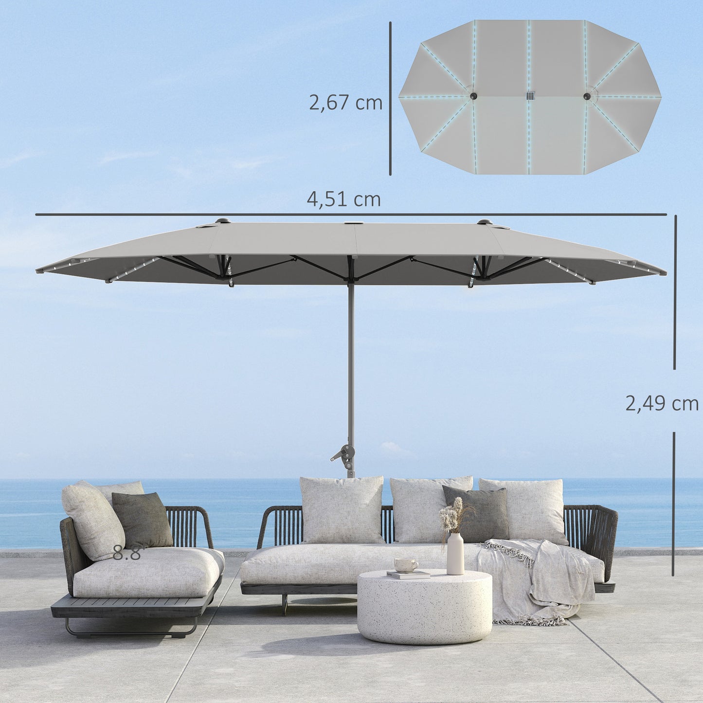 Outsunny Doppelsonnenschirm mit Solarbeleuchtung, Aluminium, Polyester, UPF50+ Sonnenschutz, UV-beständig, Terrassenschirm, Dunkelgrau