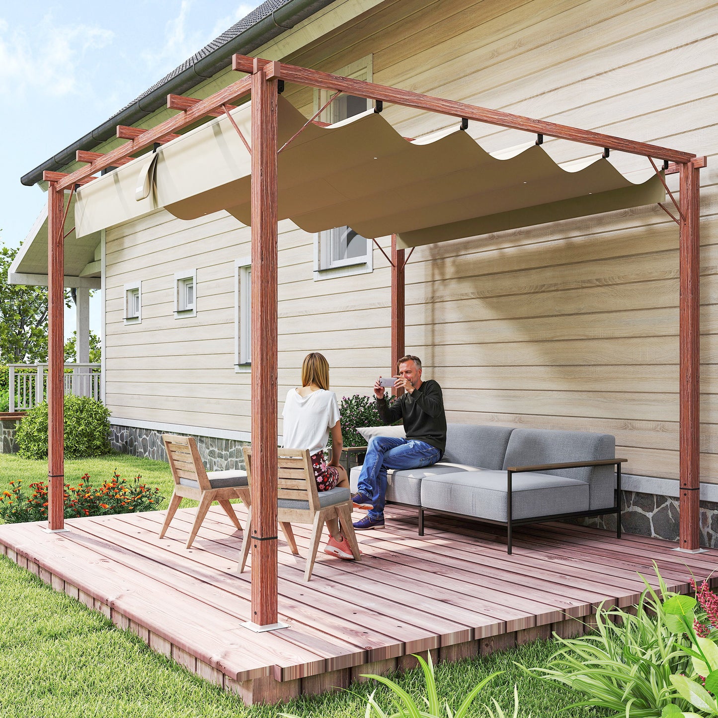 Outsunny 3 x 3 m Gartenpergola, verstellbare Terrassenüberdachung, Aluminiumrahmen, UPF30+ Sonnenschutz, Naturholz