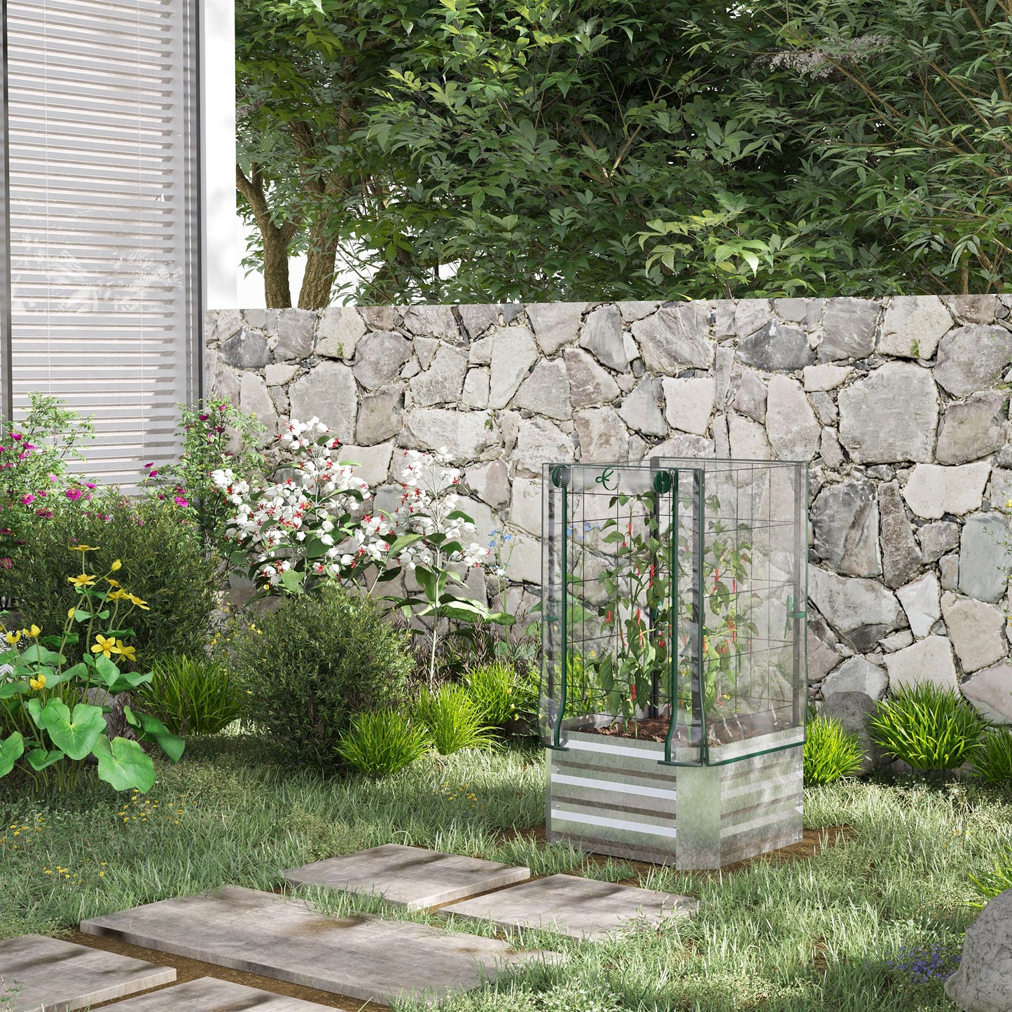 Outsunny Verhoogd Tuinbed, Kas, 3-delige Set, met Trellis, Kunststof Afdekking, 53 x 53 x 90 cm