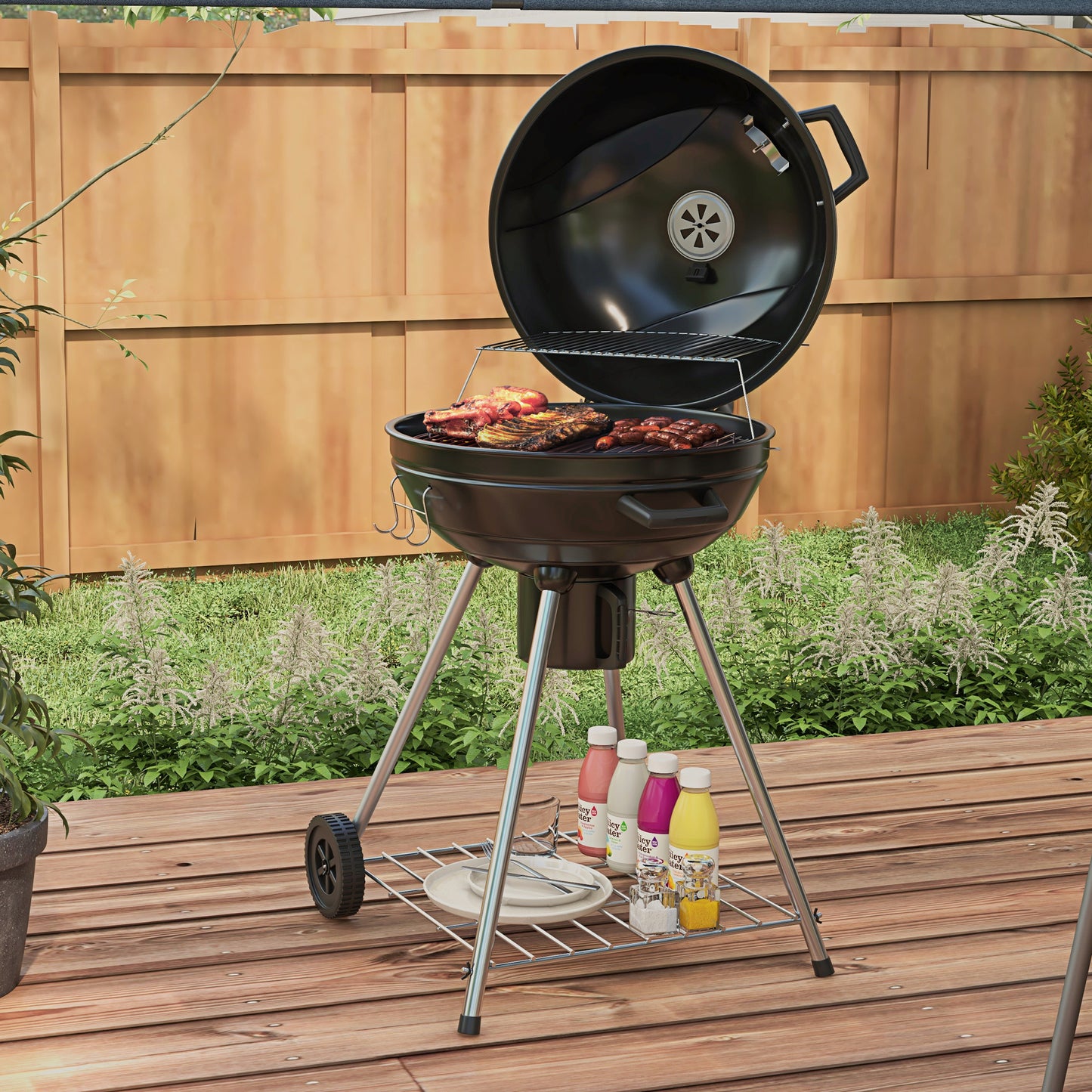 Outsunny Kugelgrill, Grillrost Ø 54 cm, Warmhalterost, Ablage, Aschenbecher, Thermometer, 55 x 65 x 89 cm, Schwarz